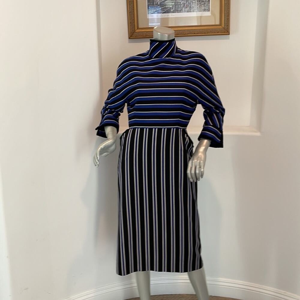 Olympia Le-Tan Striped Dress Sz 42 Blue Black Mock Neck Paris Designer - Picture 15 of 16